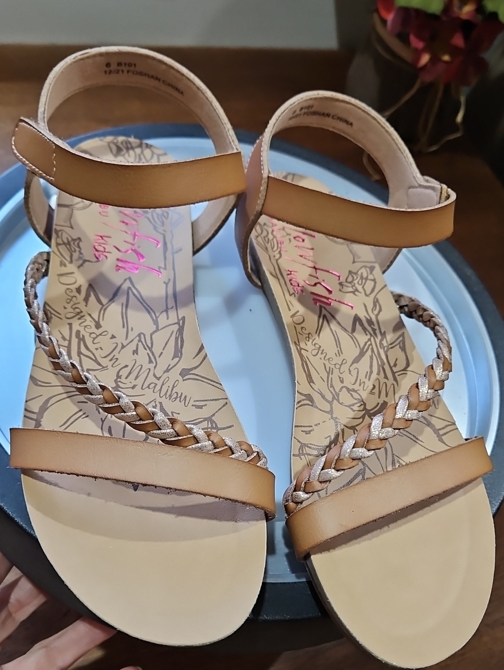 Girls' Tan Braided Ankle-Strap Sandals - Picture 6 of 13